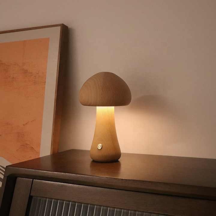 Veilleuse Champignon en Bois LED - Rechargeable & Portable