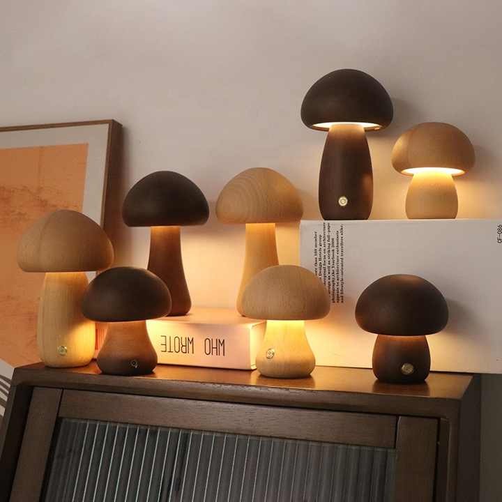 Veilleuse Champignon en Bois LED - Rechargeable & Portable