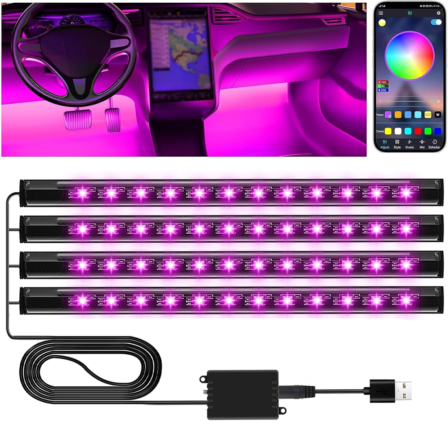 Winzwon Luces LED Coche Interior,Car Accessories App Control, Regalo Para Dia De La Madre, Hombre, Mujer, Luces Con Puerto USB, Car Ambient Lights (1)