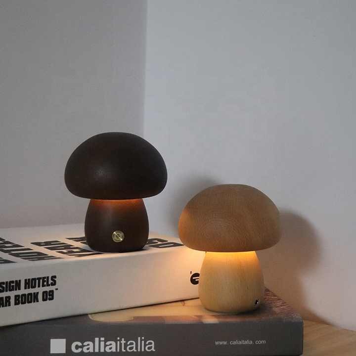 Veilleuse Champignon en Bois LED - Rechargeable & Portable