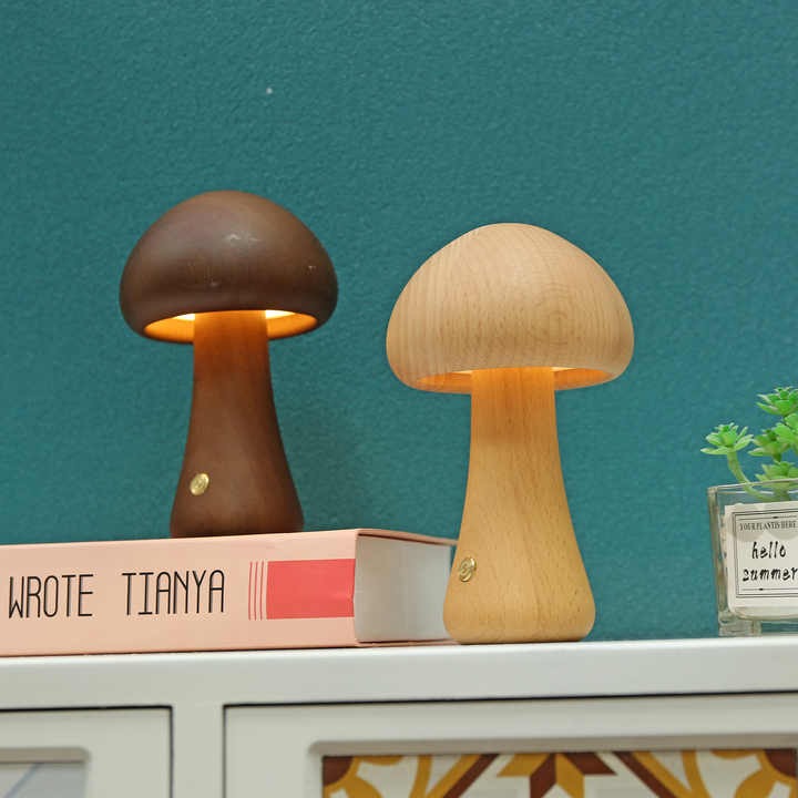 Veilleuse Champignon en Bois LED - Rechargeable & Portable