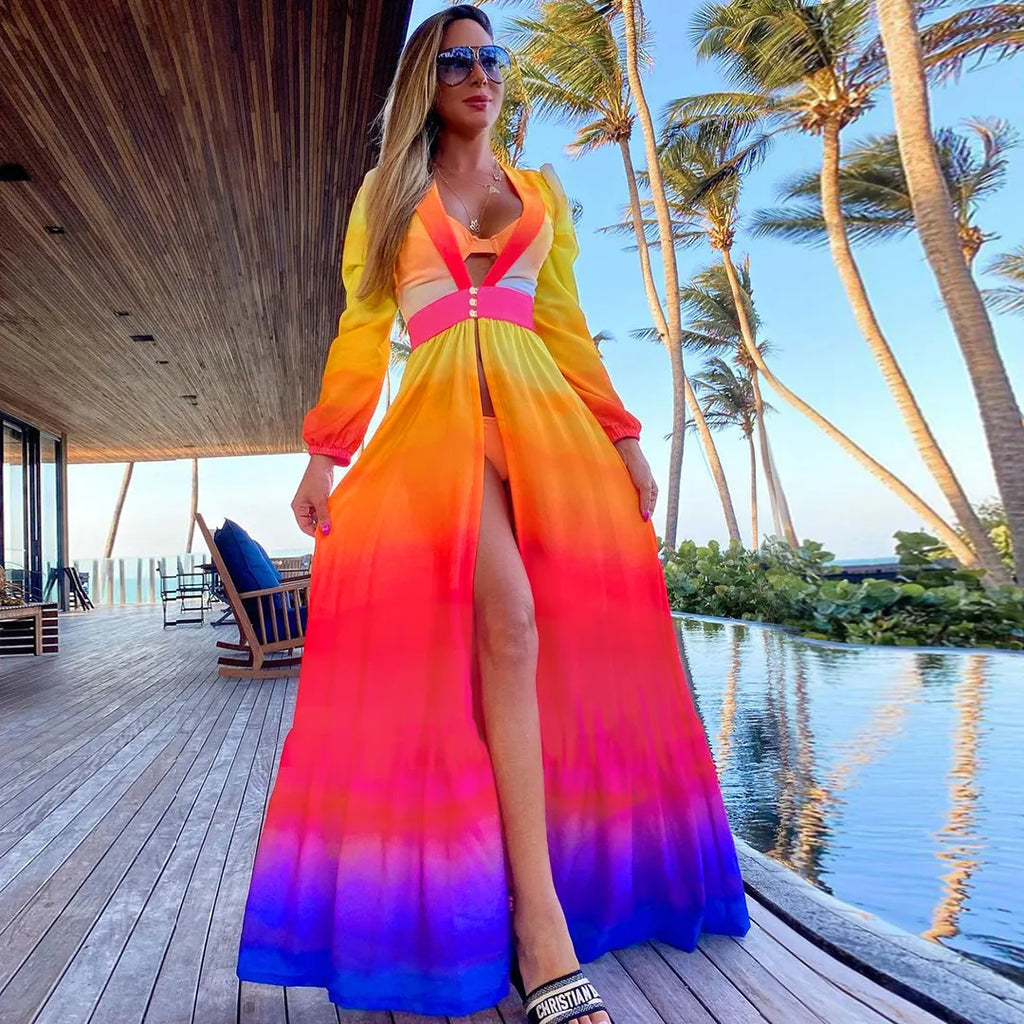 Sunny™ - Robe de Plage Kimono Bleu "Oeil Turc" - Fente + Manches Longues