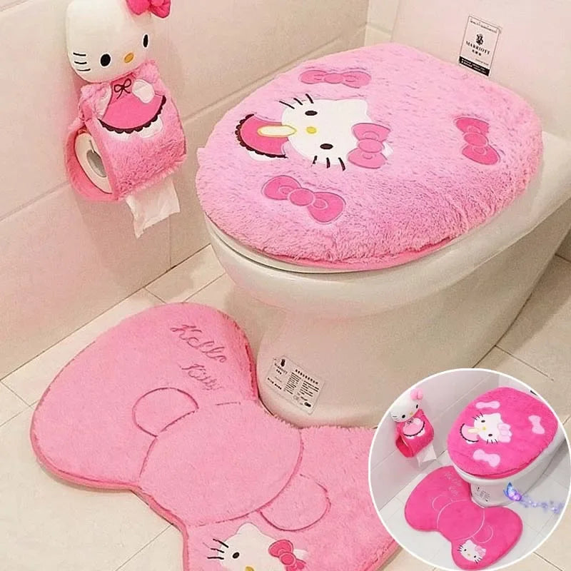 Lot de 4 Accessoires Salle de Bain Hello Kitty - Tapis + Housse WC Peluche
