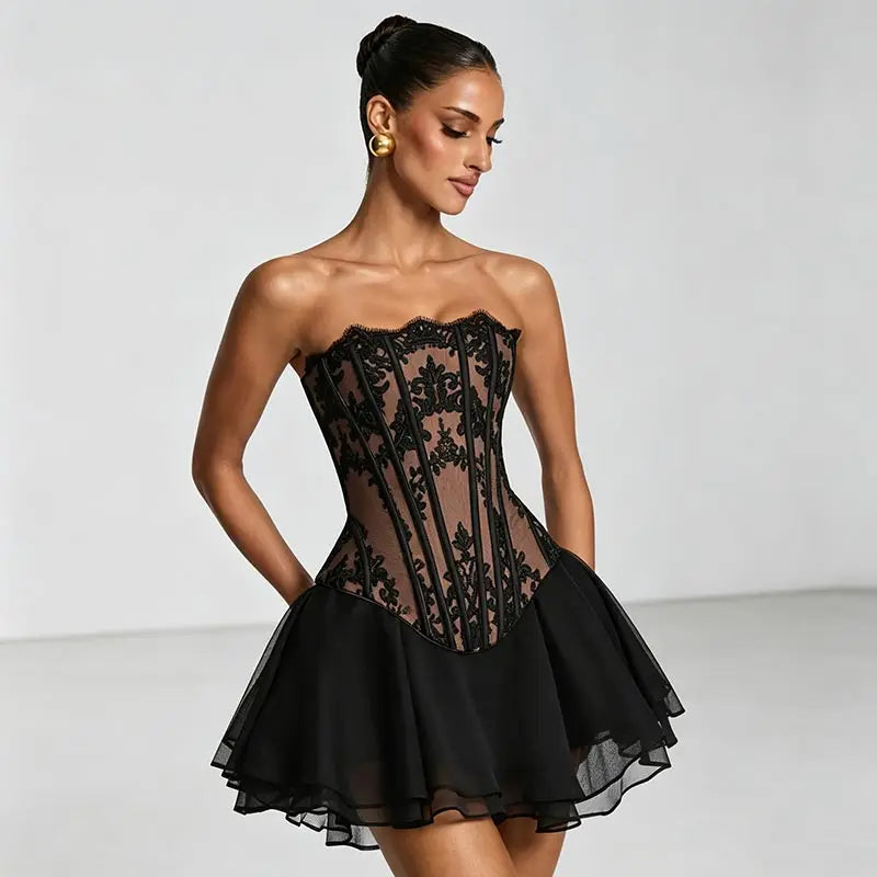 Ensemble Robe Bustier Corset Dentelle + Jupe Tulle - Tenue Soirée Femme