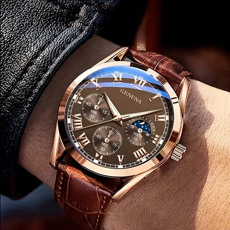 Montre Homme Business Élégante - Bracelet Cuir Marron Quartz