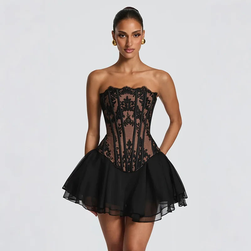 Ensemble Robe Bustier Corset Dentelle + Jupe Tulle - Tenue Soirée Femme