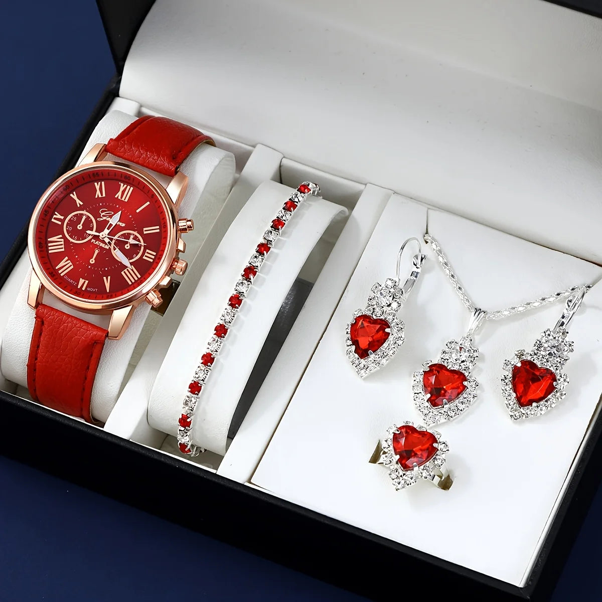 Coffret Cadeau Femme 4 Pièces - Montre Rose Gold + Parure Bijoux Bleu