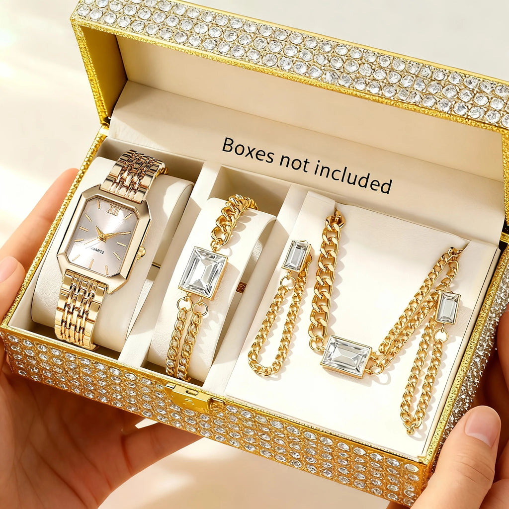 Coffret 5PCS Montre Femme Élégante - Set Bijoux Quartz Rectangle Doré