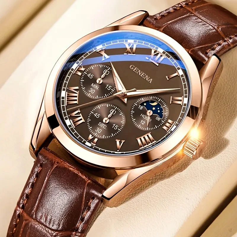 Montre Homme Business Élégante - Bracelet Cuir Marron Quartz
