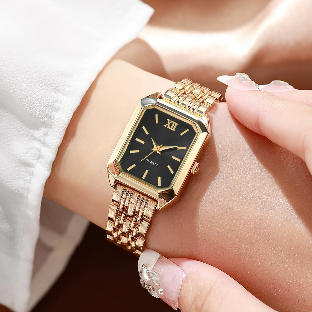 Coffret 5PCS Montre Femme Élégante - Set Bijoux Quartz Rectangle Doré