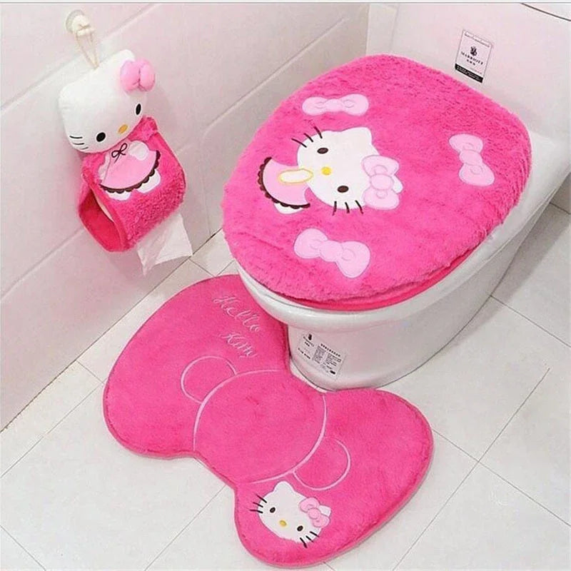 Lot de 4 Accessoires Salle de Bain Hello Kitty - Tapis + Housse WC Peluche