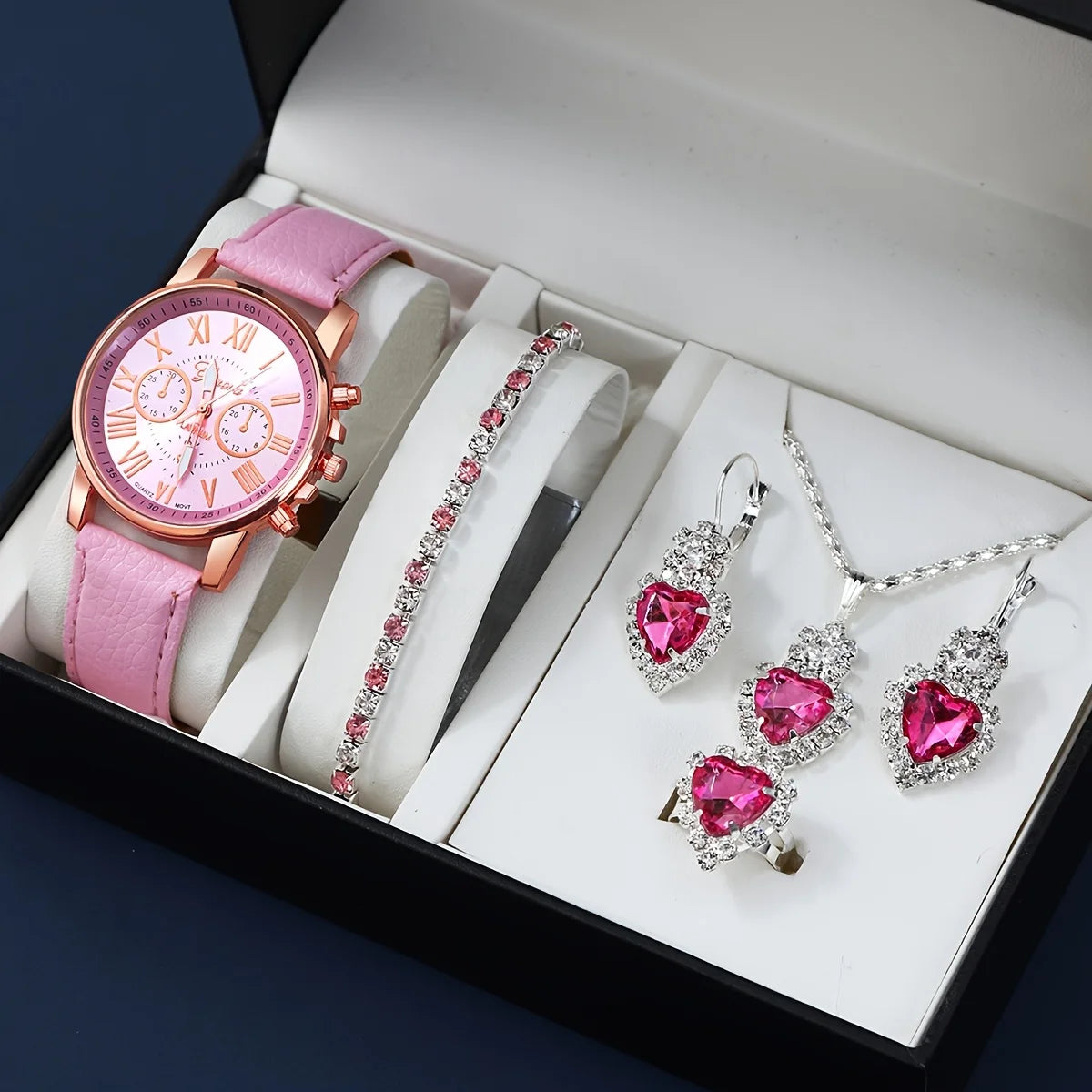 Coffret Cadeau Femme 4 Pièces - Montre Rose Gold + Parure Bijoux Bleu