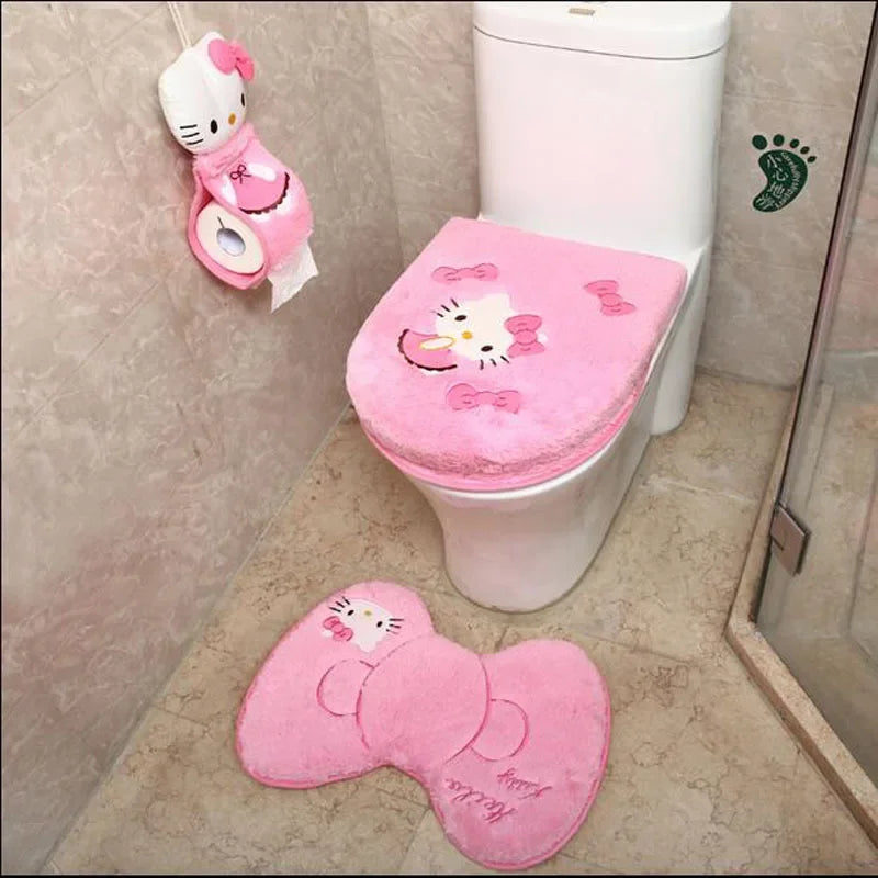 Lot de 4 Accessoires Salle de Bain Hello Kitty - Tapis + Housse WC Peluche