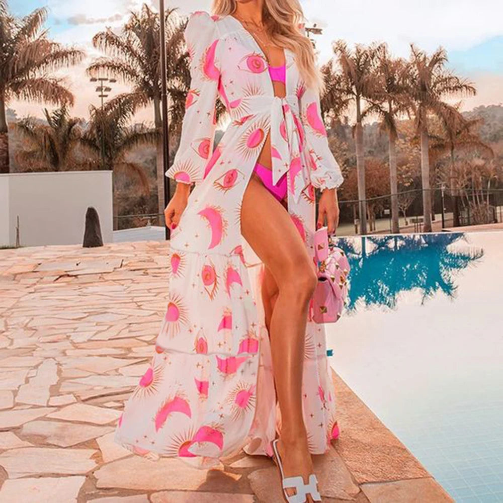 Sunny™ - Robe de Plage Kimono Bleu "Oeil Turc" - Fente + Manches Longues