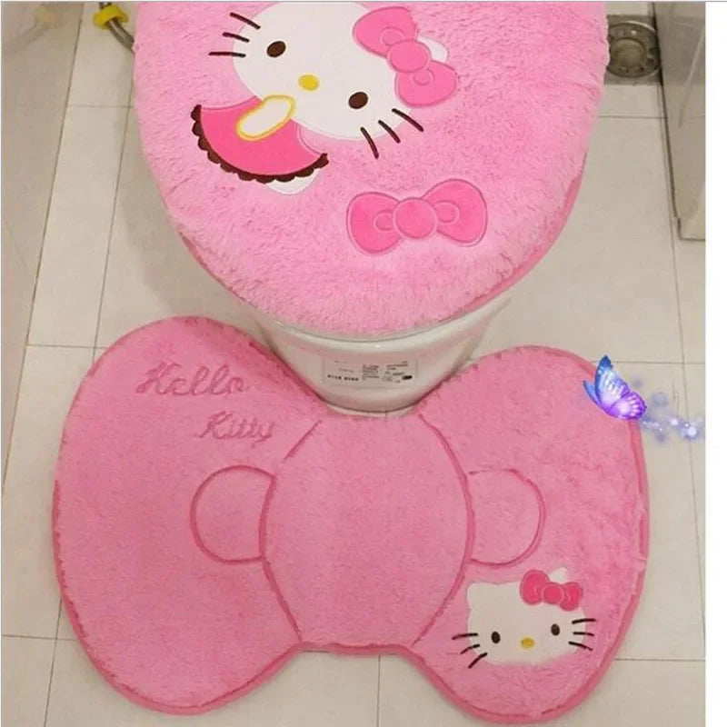 Lot de 4 Accessoires Salle de Bain Hello Kitty - Tapis + Housse WC Peluche