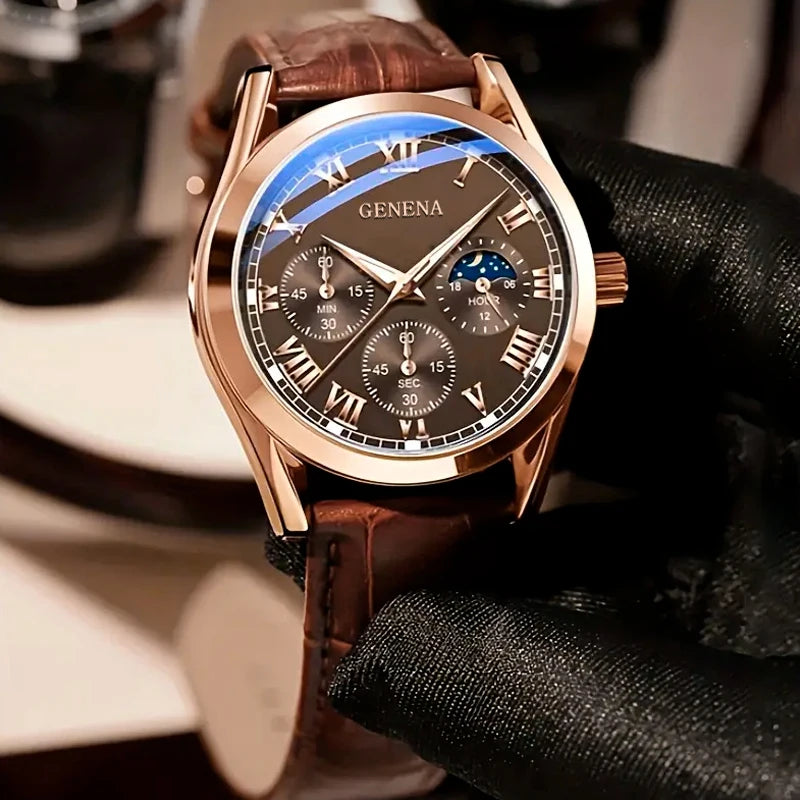 Montre Homme Business Élégante - Bracelet Cuir Marron Quartz