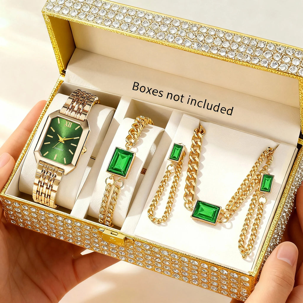 Coffret 5PCS Montre Femme Élégante - Set Bijoux Quartz Rectangle Doré