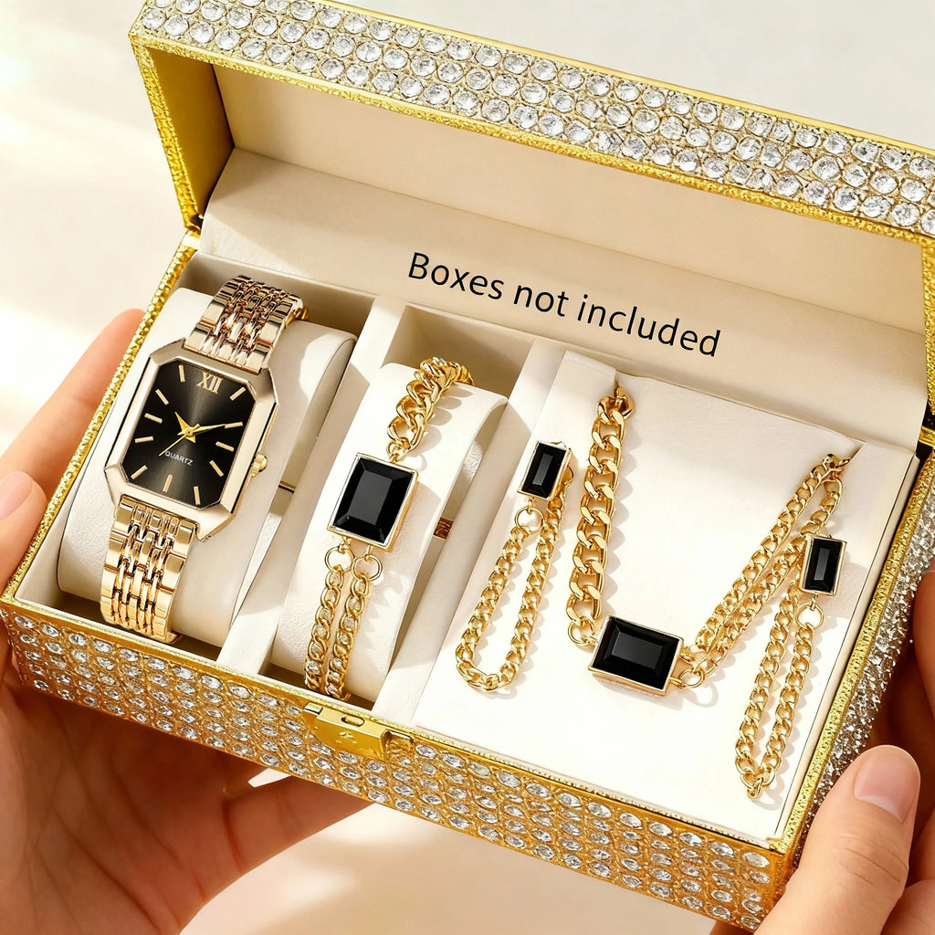 Coffret 5PCS Montre Femme Élégante - Set Bijoux Quartz Rectangle Doré