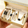 Coffret 5PCS Montre Femme Élégante - Set Bijoux Quartz Rectangle Doré