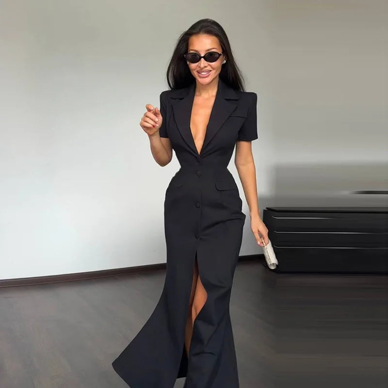 Robe Blazer Élégante 2026 - Robe Chemise Taille Marquée Manches Courtes