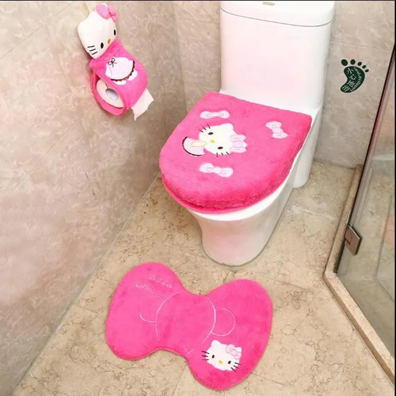 Lot de 4 Accessoires Salle de Bain Hello Kitty - Tapis + Housse WC Peluche