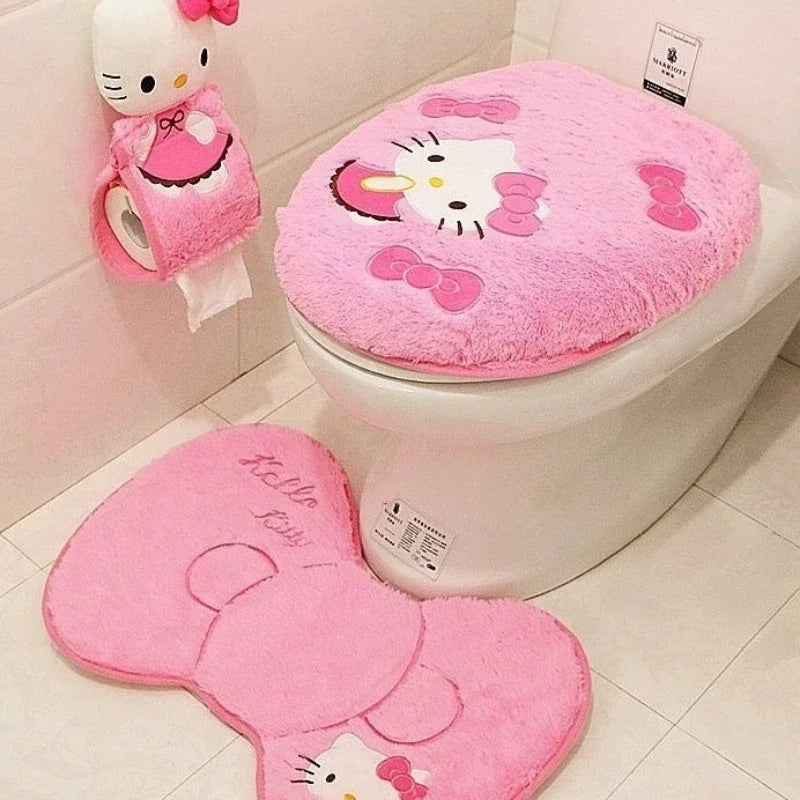 Lot de 4 Accessoires Salle de Bain Hello Kitty - Tapis + Housse WC Peluche