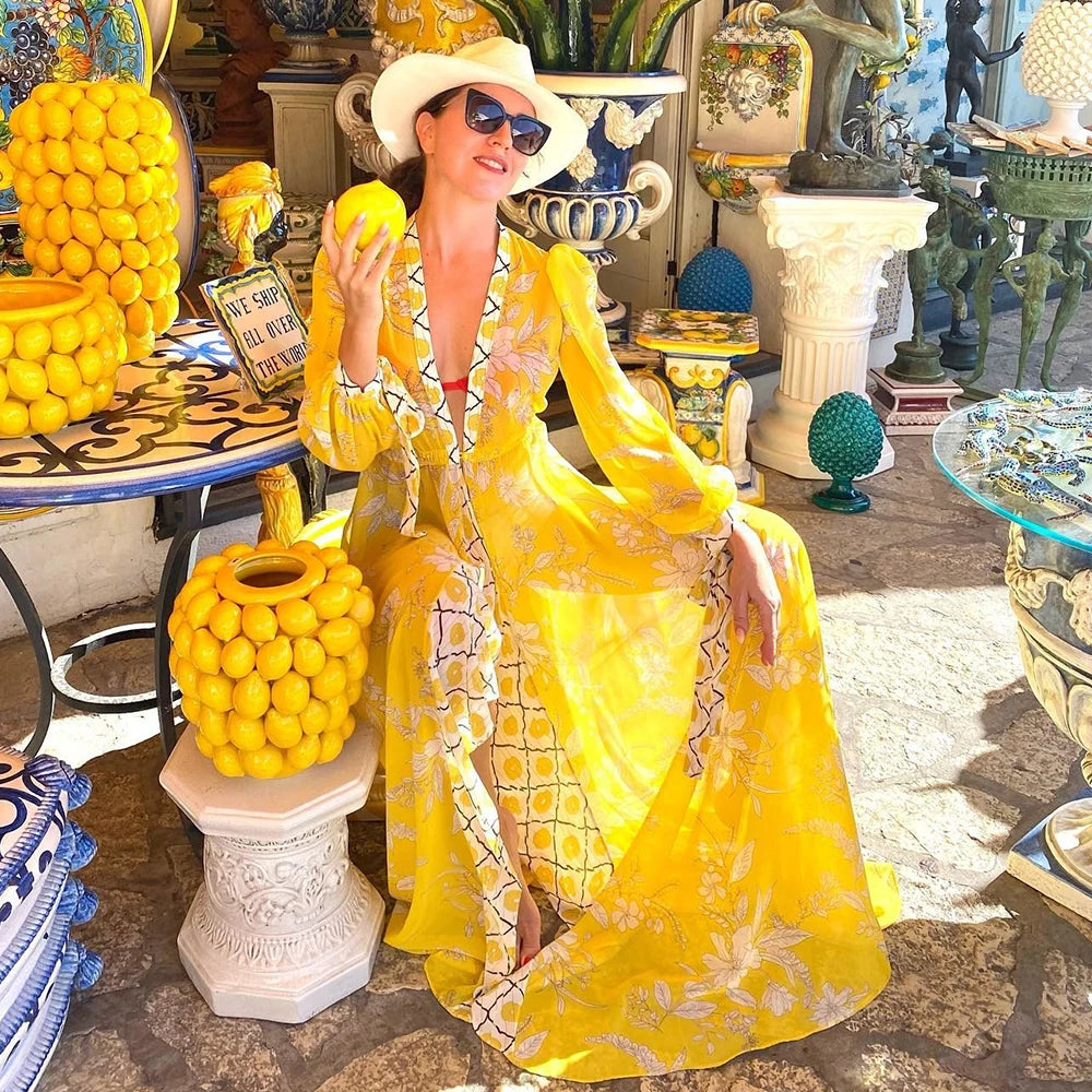 Sunny™ - Robe de Plage Kimono Bleu "Oeil Turc" - Fente + Manches Longues