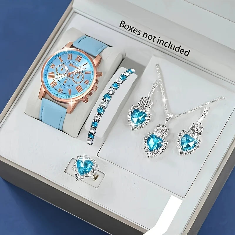 Coffret Cadeau Femme 4 Pièces - Montre Rose Gold + Parure Bijoux Bleu