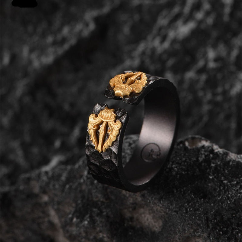 Bague Rétro Réglable Femme - Style Viking Doré & Noir
